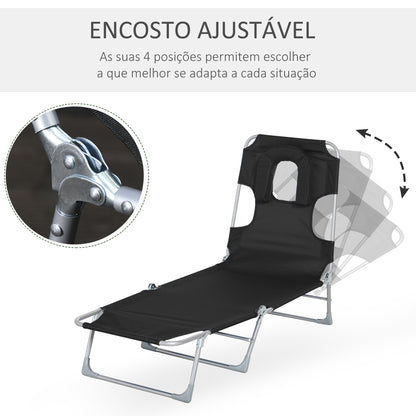 Outsunny Espreguiçadeira de Jardim Reclinável e Dobrável com Orifício de Leitura Apoio para Cabeça e Encosto Ajustável em 4 Níveis para Praia 182x56x24,5 cm Preto