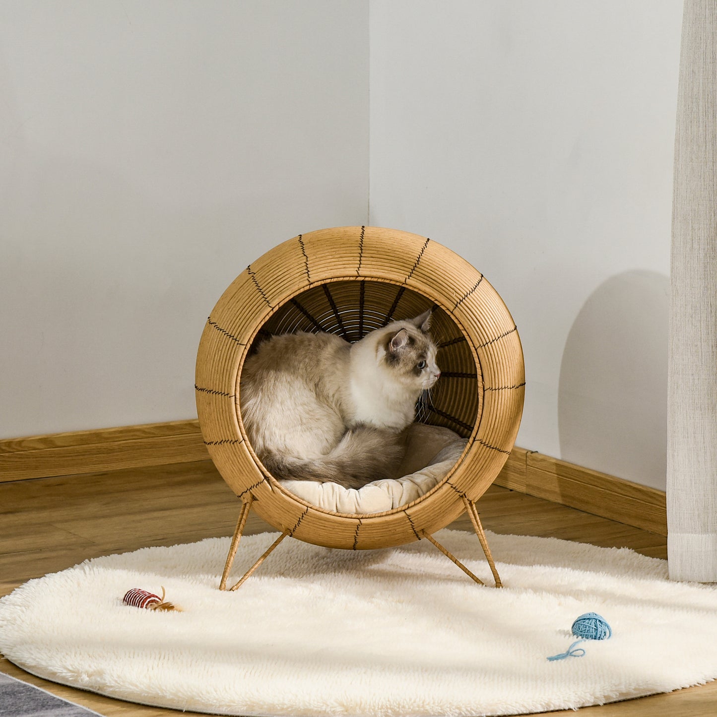 PawHut Cama de Vime para Gatos Caverna de Vime para Gatos Pequenos com Almofada Acolchoada Suave e Base Tripé Desenho Elevado Ø52x58cm Marrom Claro