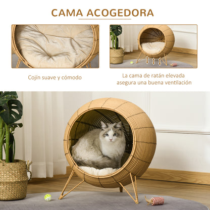 PawHut Cama de Vime para Gatos Caverna de Vime para Gatos Pequenos com Almofada Acolchoada Suave e Base Tripé Desenho Elevado Ø52x58cm Marrom Claro