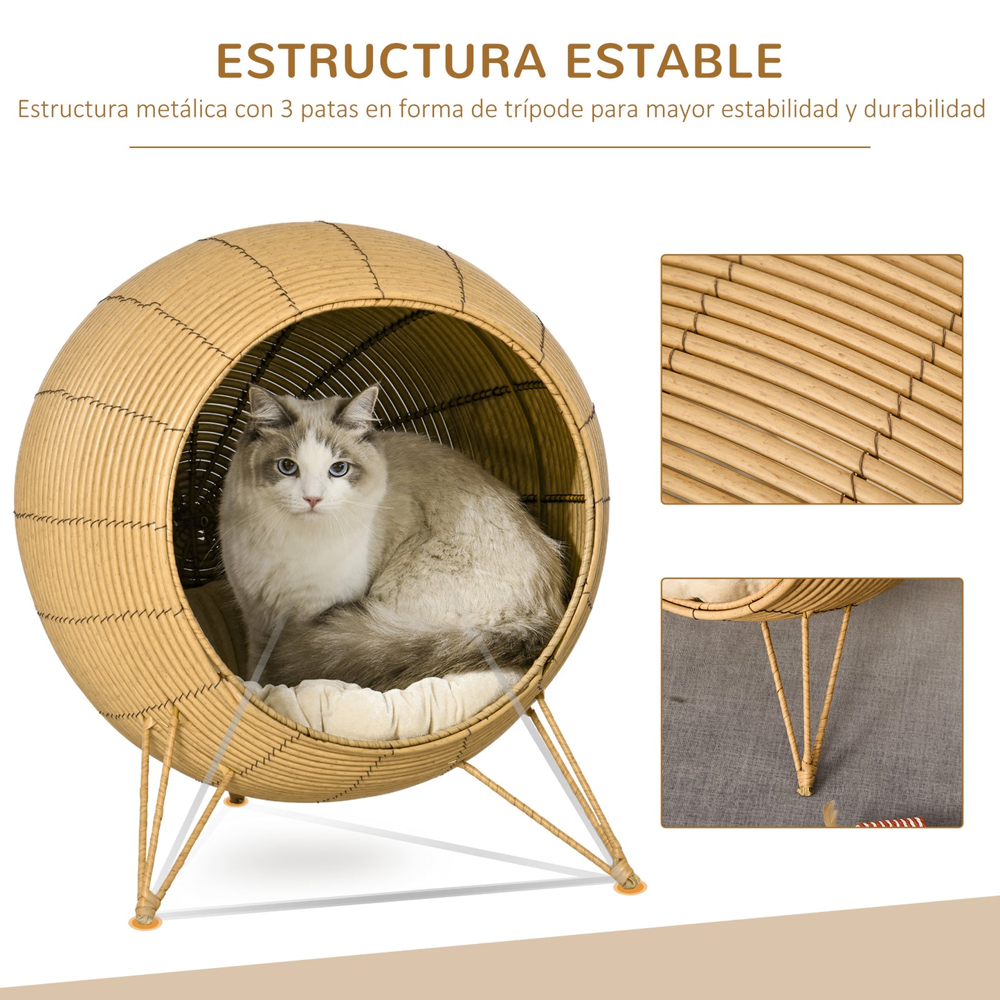 PawHut Cama de Vime para Gatos Caverna de Vime para Gatos Pequenos com Almofada Acolchoada Suave e Base Tripé Desenho Elevado Ø52x58cm Marrom Claro