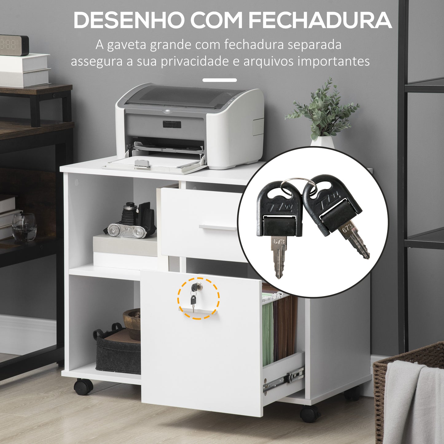 Vinsetto Armário para Impressora Móvel Auxiliar de Escritório com Rodas 2 Prateleiras 2 Gavetas Carga Máxima 30kg para Dormitório Cozinha Estúdio 80x40x66,5cm Branco