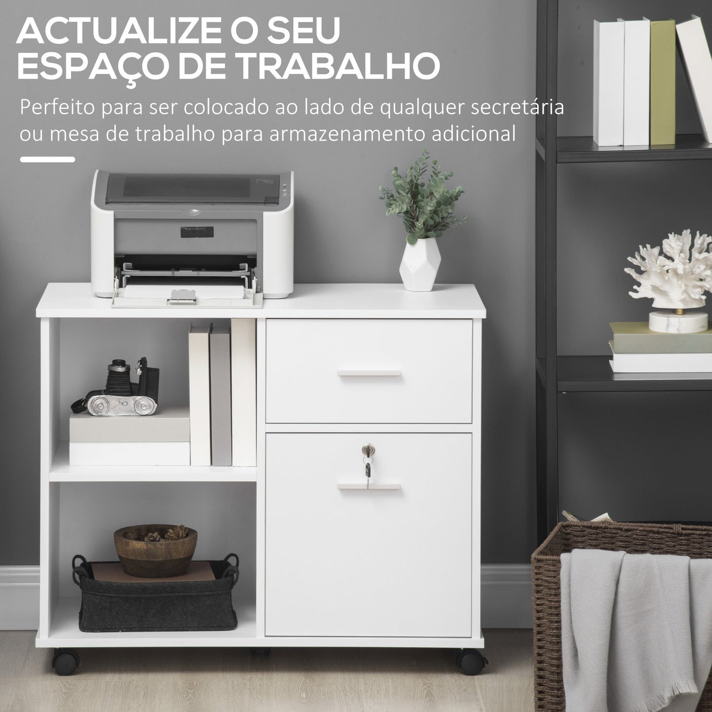 Vinsetto Armário para Impressora Móvel Auxiliar de Escritório com Rodas 2 Prateleiras 2 Gavetas Carga Máxima 30kg para Dormitório Cozinha Estúdio 80x40x66,5cm Branco