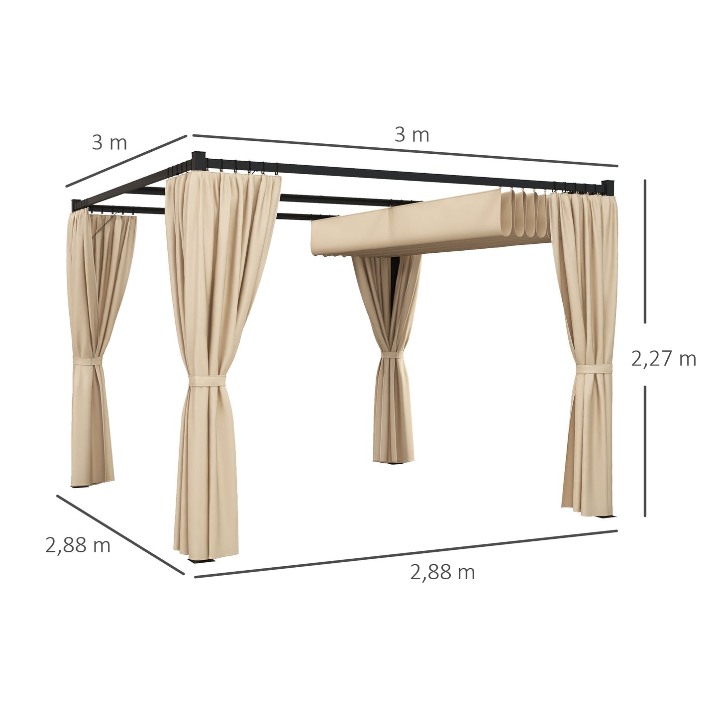 Outsunny Pérgola de Jardim 3x3 m Pérgola para Exterior com Teto e Paredes Laterais Retráteis Estrutura Metálica Impermeável para Terraço Pátio Bege