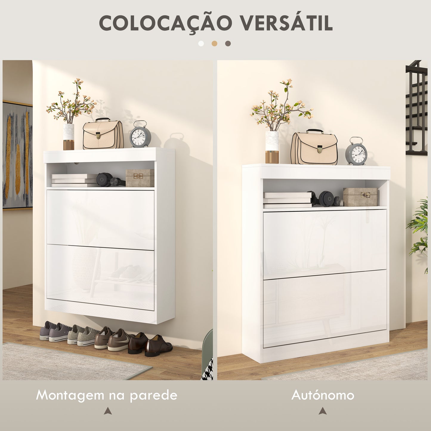 HOMCOM Móvel Sapateira de Entrada Armário Sapateira com Luzes LED Prateleira Aberta e 2 Gavetas Basculantes para 12-16 Pares de Sapatos 80x24x99,5 cm Branco Brilhante