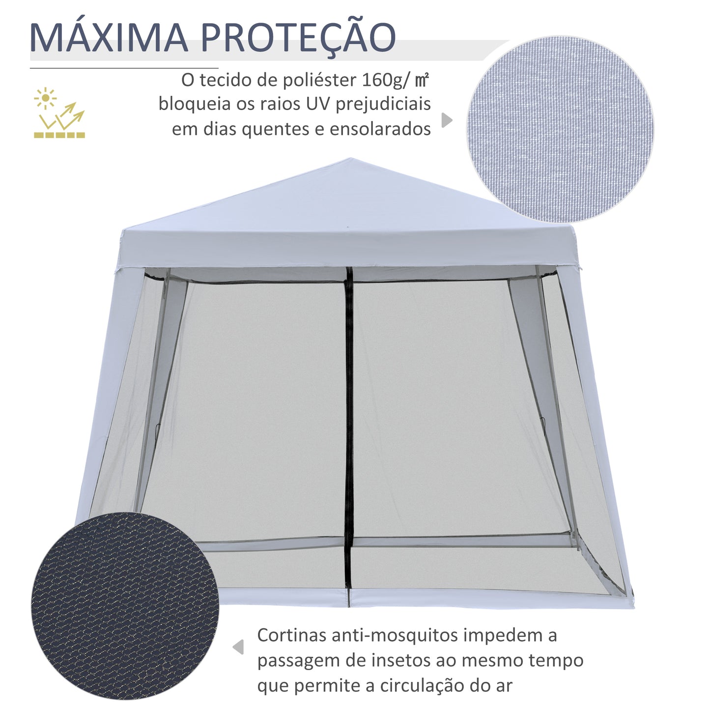 Outsunny Tenda de Jardim 3x3m Gazebo com 4 Partes Laterais Mosquiteiro com Zíper Proteção UV para Patio Cinza