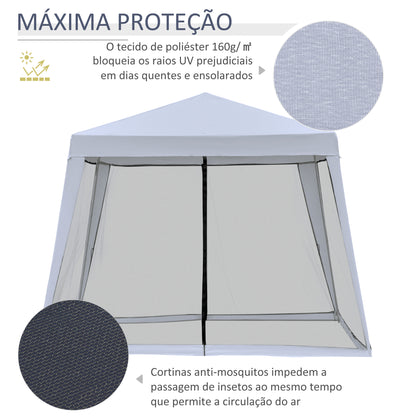 Outsunny Tenda de Jardim 3x3m Gazebo com 4 Partes Laterais Mosquiteiro com Zíper Proteção UV para Patio Cinza