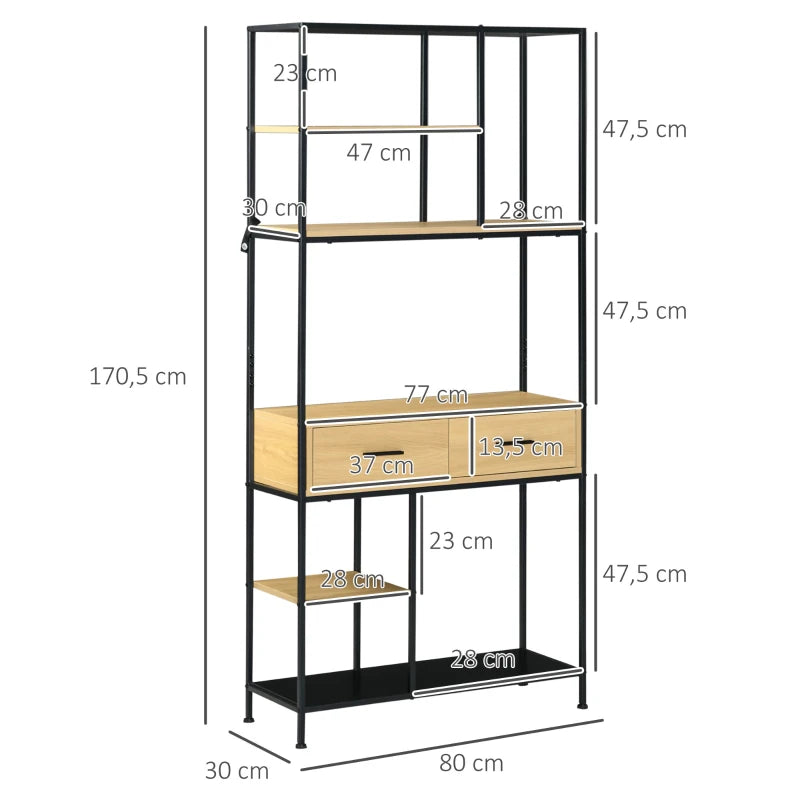 Estante Clarys - Cor Madeira e Preto - Com 5 Prateleiras e 2 Gavetas - 80x30x170,5 cm - Design Moderno