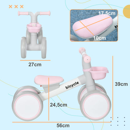 AIYAPLAY Bicicleta sem Pedais para Crianças de 12-36 Meses Bicicleta de Equilíbrio com Assento Ajustável Cesta e 4 Rodas Silenciosas Carga 20 kg 56x27x39 cm Rosa