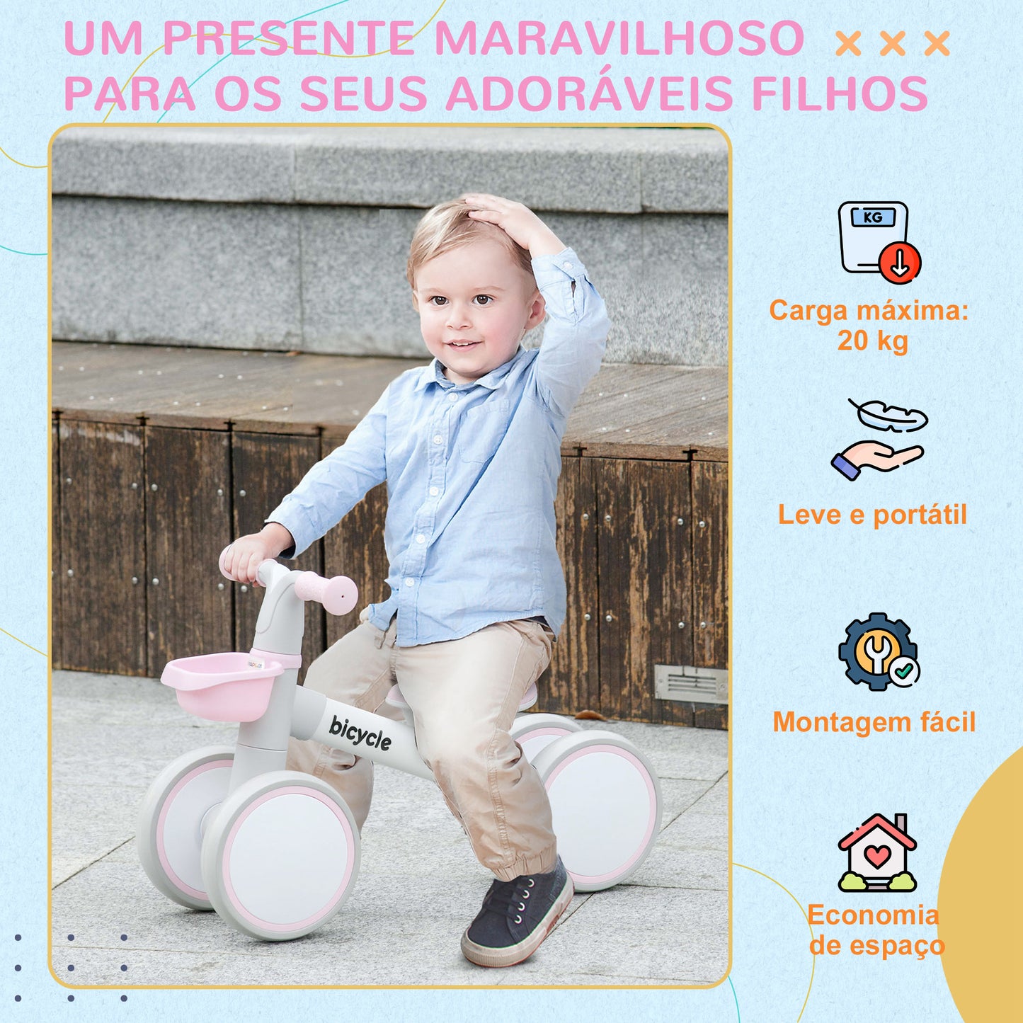 AIYAPLAY Bicicleta sem Pedais para Crianças de 12-36 Meses Bicicleta de Equilíbrio com Assento Ajustável Cesta e 4 Rodas Silenciosas Carga 20 kg 56x27x39 cm Rosa