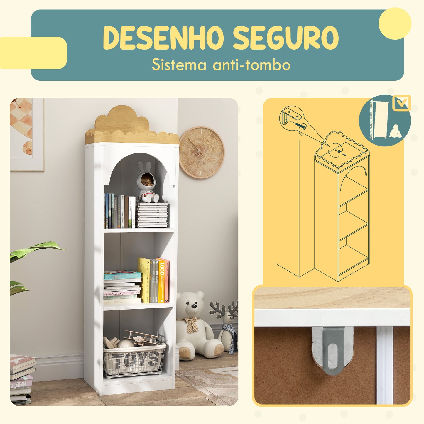 AIYAPLAY Estante para Livros Infantil Estante para Livros de 3 Niveis Estante de Livros para Escola Infantil Dormitório 40x30x139,5 cm Branco e Madeira