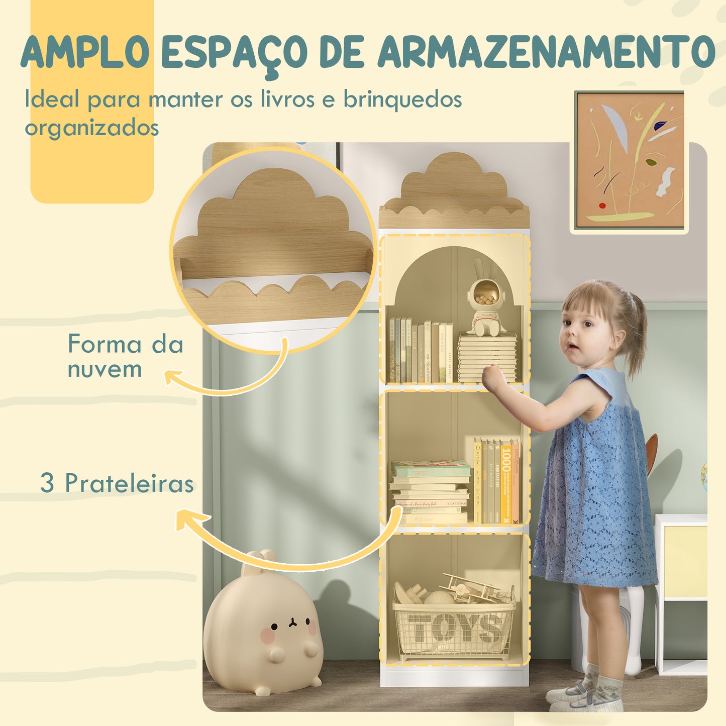 AIYAPLAY Estante para Livros Infantil Estante para Livros de 3 Niveis Estante de Livros para Escola Infantil Dormitório 40x30x139,5 cm Branco e Madeira