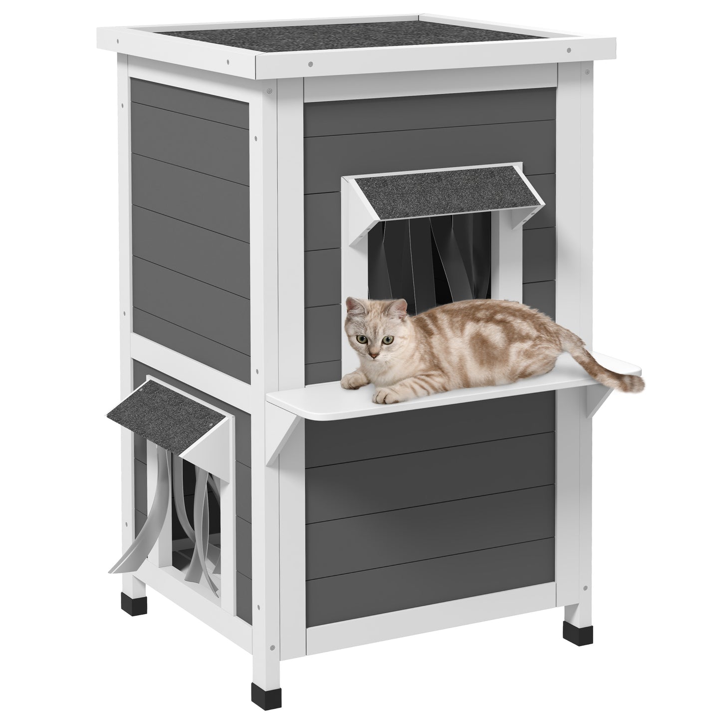 PawHut Casa para Gatos de Madeira 60x60x81,5 cm Casa para Gatos Refugio para Gatos de 2 Níveis com Cortina e Portas com Beirais Impermeáveis e Varanda Cinza e Branco