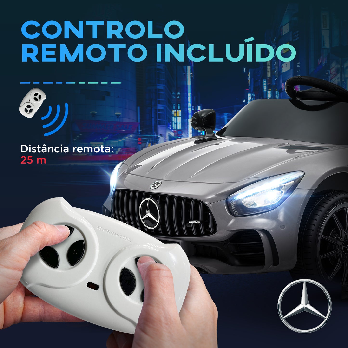 AIYAPLAY Carro Elétrico para Crianças acima de 3 Anos Carro Mercedes-Benz AMG GTR Carro Elétrico Infantil com Bateria 12V Controlo Remoto Faróis Buzina e Música 108x67x46 cm Prata