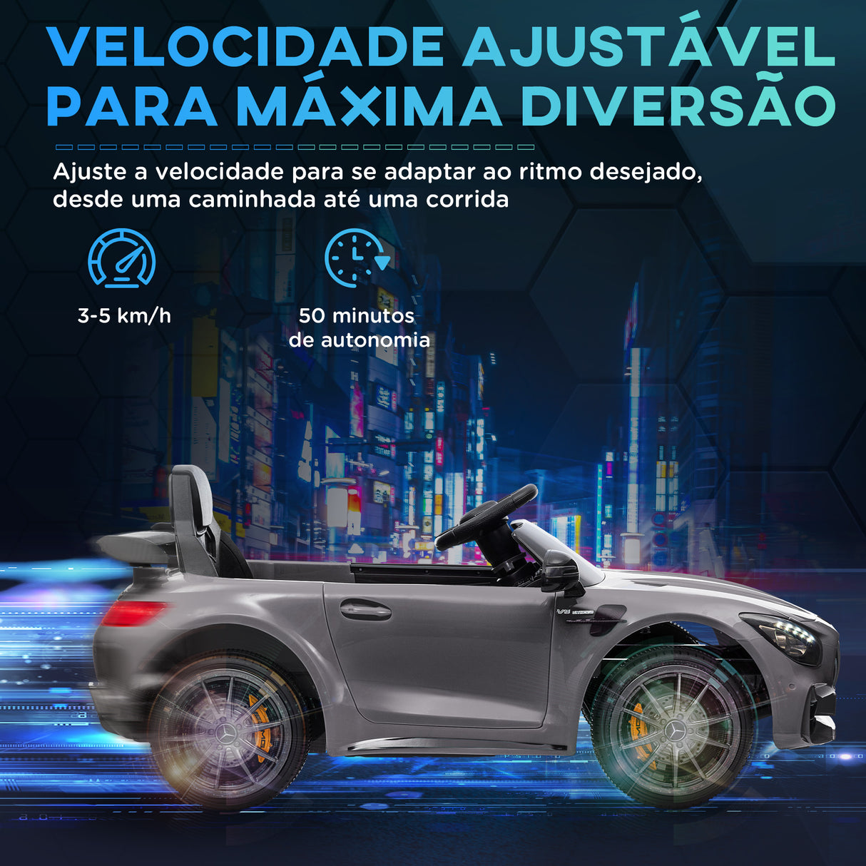 AIYAPLAY Carro Elétrico para Crianças acima de 3 Anos Carro Mercedes-Benz AMG GTR Carro Elétrico Infantil com Bateria 12V Controlo Remoto Faróis Buzina e Música 108x67x46 cm Prata