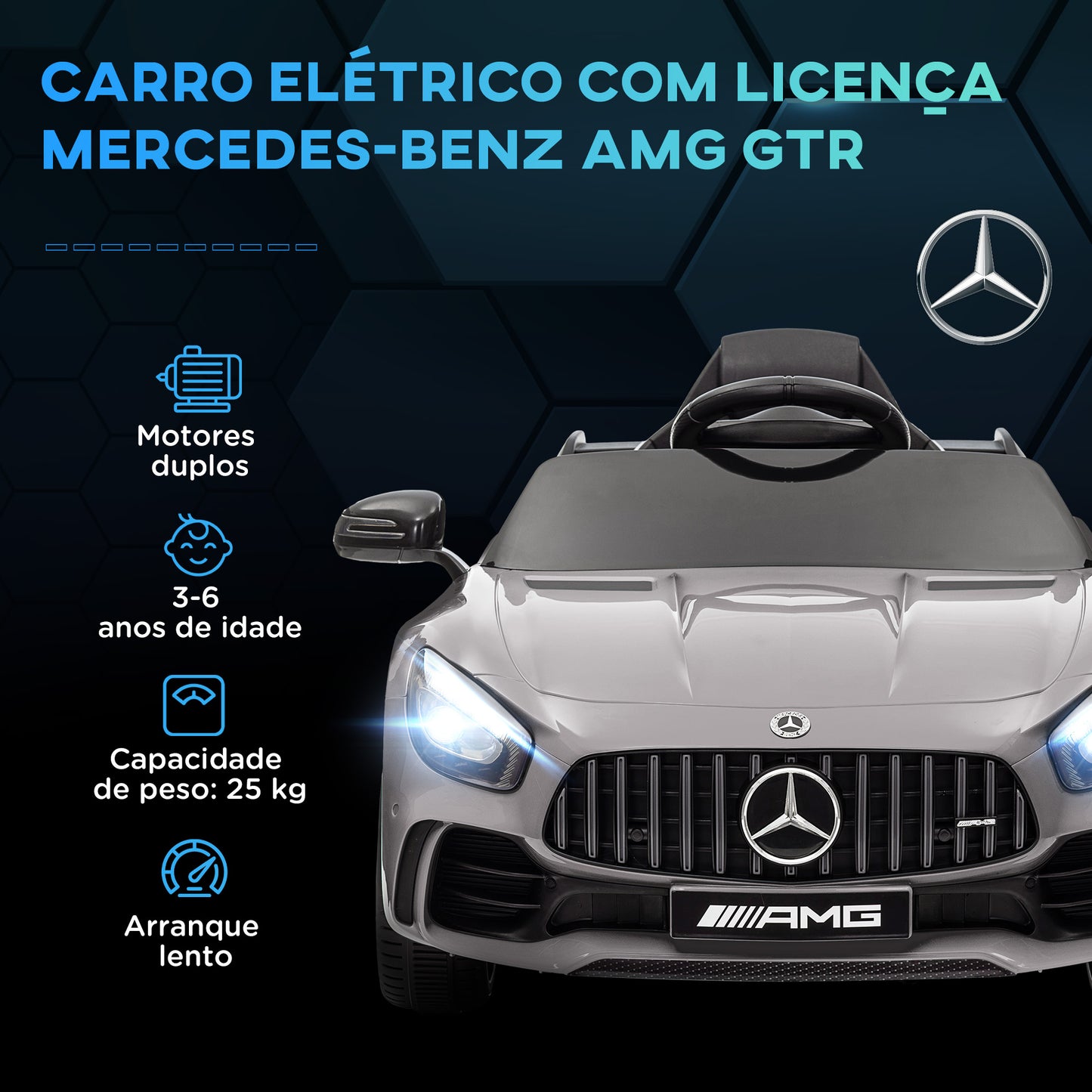 AIYAPLAY Carro Elétrico para Crianças acima de 3 Anos Carro Mercedes-Benz AMG GTR Carro Elétrico Infantil com Bateria 12V Controlo Remoto Faróis Buzina e Música 108x67x46 cm Prata