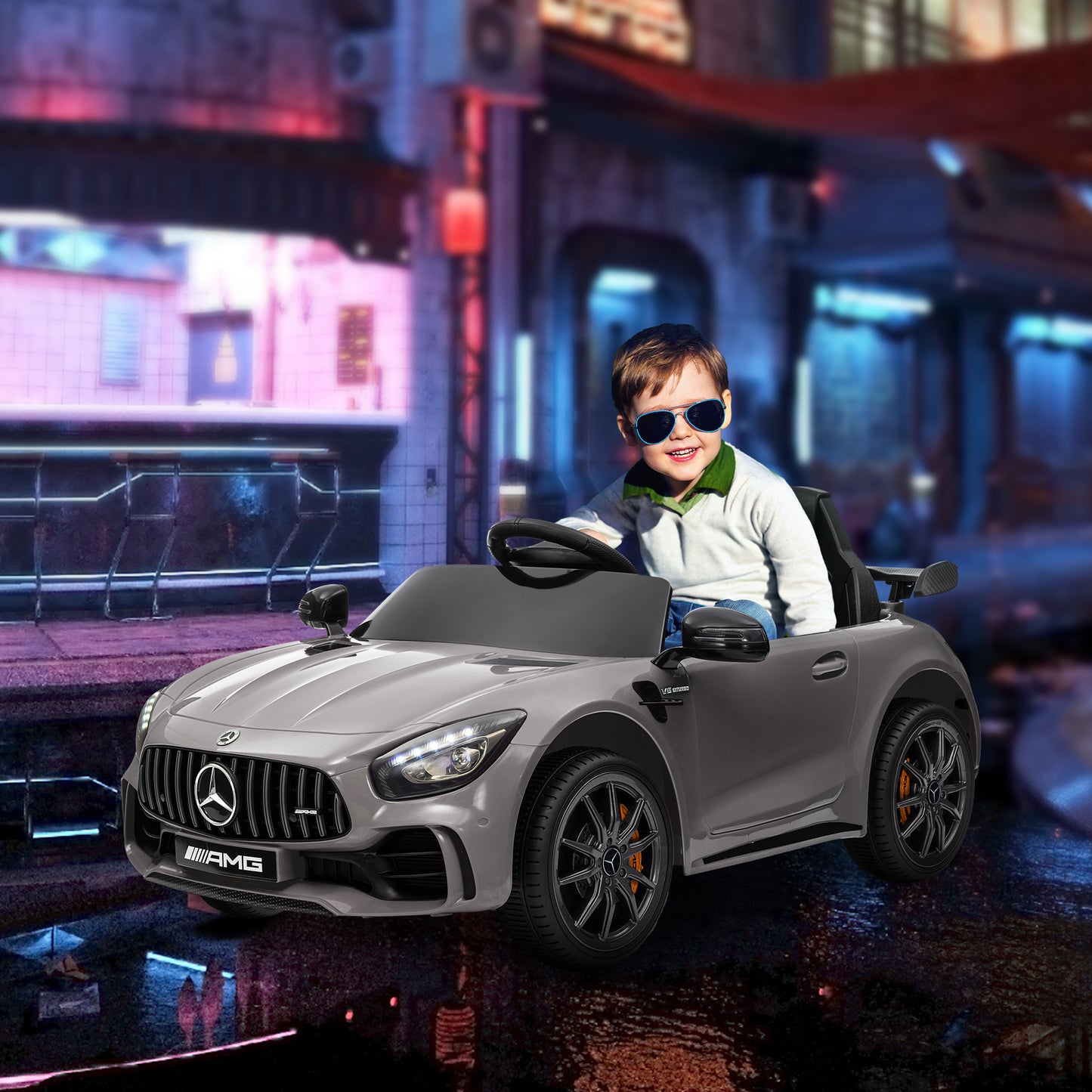 AIYAPLAY Carro Elétrico para Crianças acima de 3 Anos Carro Mercedes-Benz AMG GTR Carro Elétrico Infantil com Bateria 12V Controlo Remoto Faróis Buzina e Música 108x67x46 cm Prata