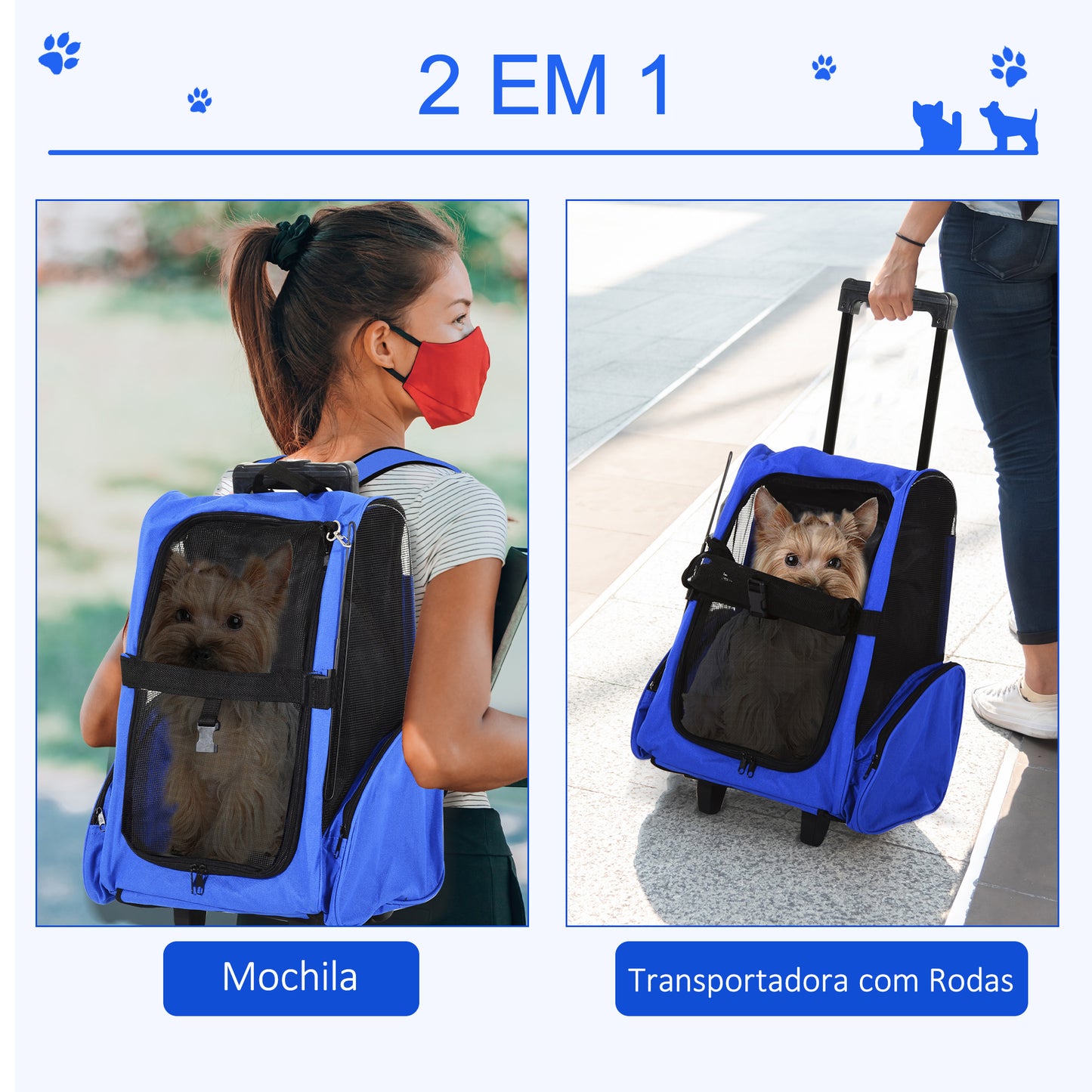 PawHut Transportadora 2 em 1 para Animais de Estimação Mochila ou Carrinho de Viagem para Cães e Gatos com 2 Rodas Alça Retrátil de Alumínio e Bolso de Armazenamento 42x25x55cm Azul