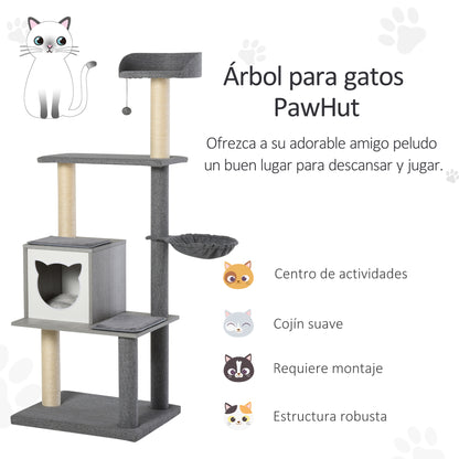 PawHut Árvore Arranhador para Gatos Grande 61x49x160,5cm Torre de Escalada de Múltiplos Níveis com Caverna Espaçosa Rede Postes e Brinquedo Suspenso Estofamento Suave Cinza