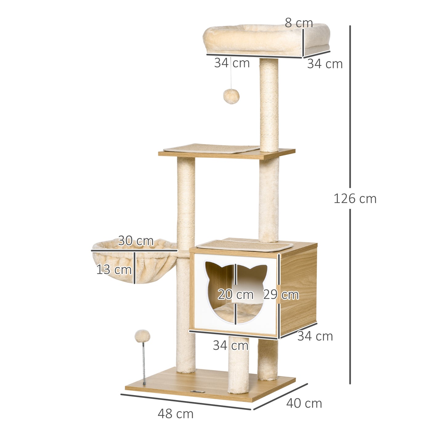 PawHut Árvore Arranhador para Gatos com Plataforma Altura 126 cm Torre de Escalar para Gatos com Rede Caverna Cama Postes de Sisal e Bolas de Brincar 48x40x126 cm Bege