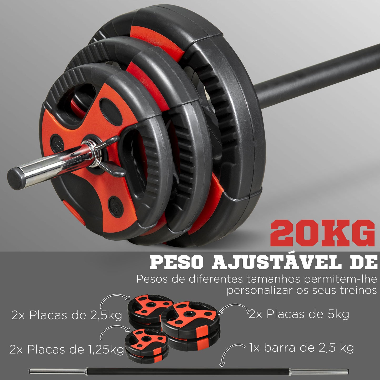 SPORTNOW Conjunto de Barra de Pesos com Discos Conjunto de Musculação com Discos 1,25kg 2,5kg e 5kg para Treinamento em Casa Ginásio 140x17x17cm Preto e Vermelho