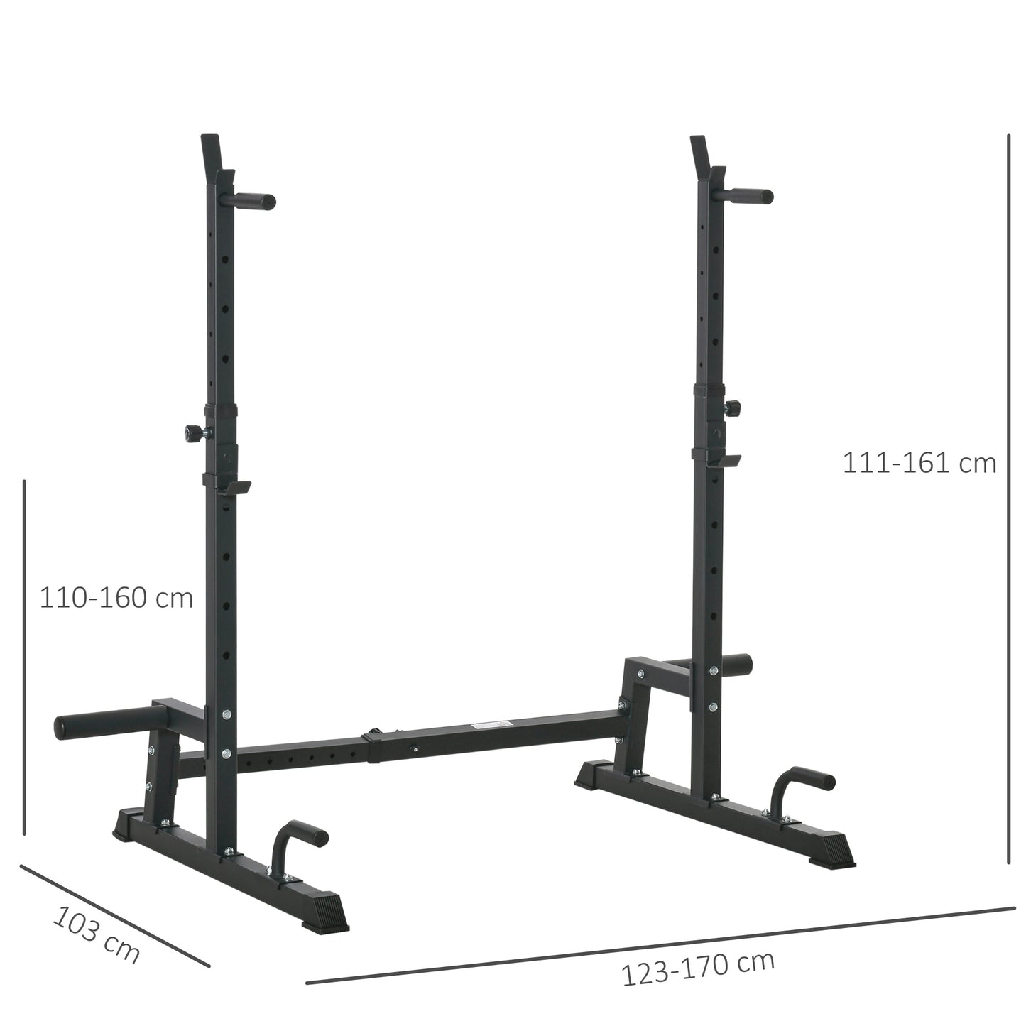 HOMCOM Suporte Multifuncional para Barras de Pesos Flexões Agachamentos Ajustável em Altura e Largura Equipamento Fitness para Academia Casa Aço 123-170x103x111x161cm Preto