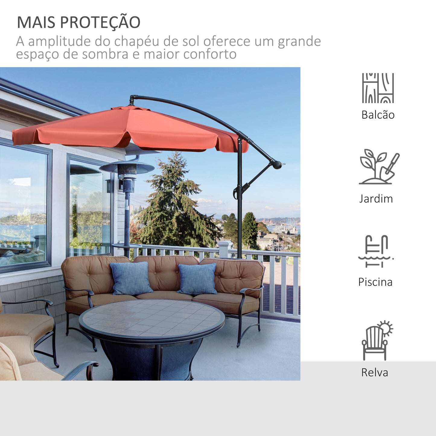 Outsunny Chapéu de Sol de Jardim Ø265 cm Chapéu de Sol Excêntrico com Teto Inclinável Manivela 8 Hastes de Metal e Base Cruzada Proteção Solar para Terraço Varanda Exterior Vermelho Salmão