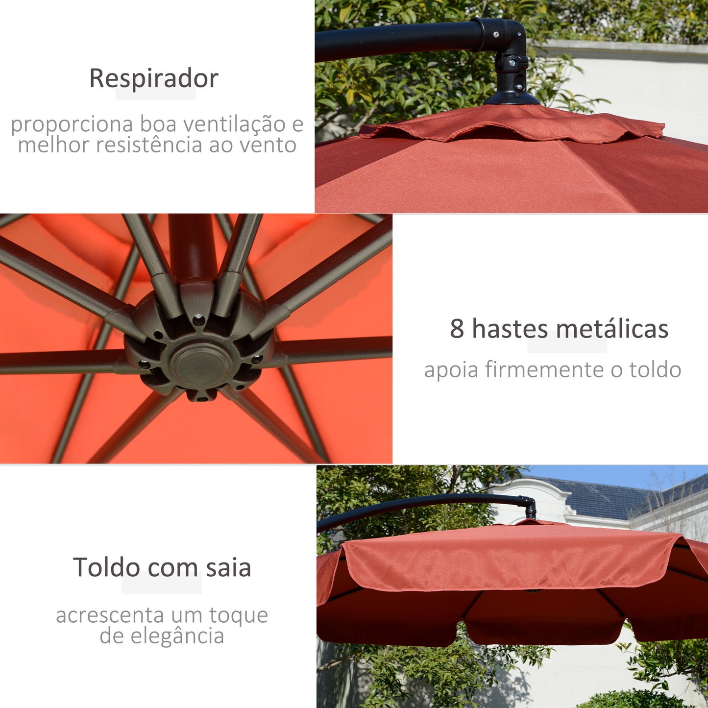 Outsunny Chapéu de Sol de Jardim Ø265 cm Chapéu de Sol Excêntrico com Teto Inclinável Manivela 8 Hastes de Metal e Base Cruzada Proteção Solar para Terraço Varanda Exterior Vermelho Salmão