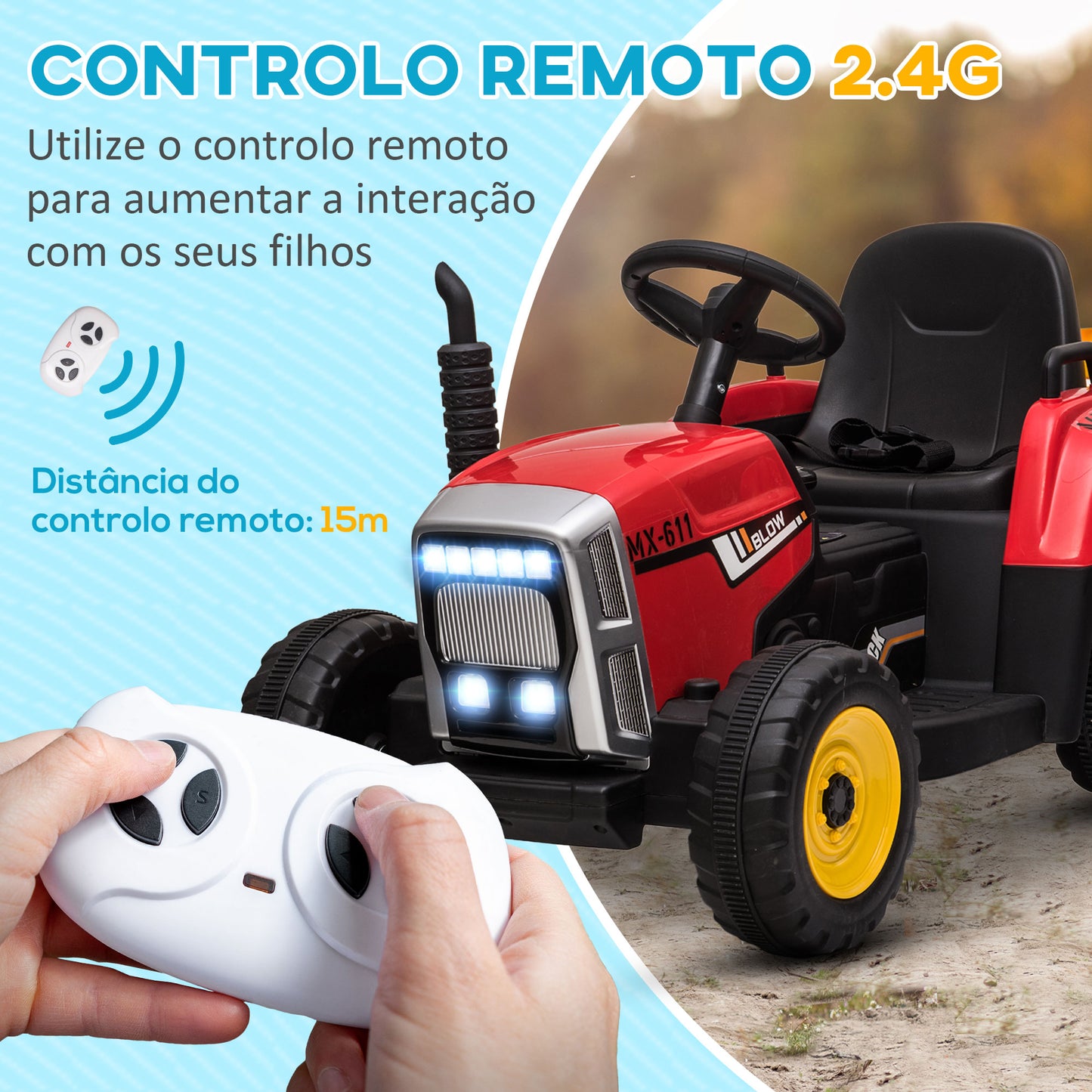 HOMCOM Trator Elétrico com Reboque Amovível Carro Elétrico para Crianças 3-6 Anos com Controlo Remoto Música MP3 Luzes e Cinto de Segurança 136,5x50x52,5 cm Vermelho