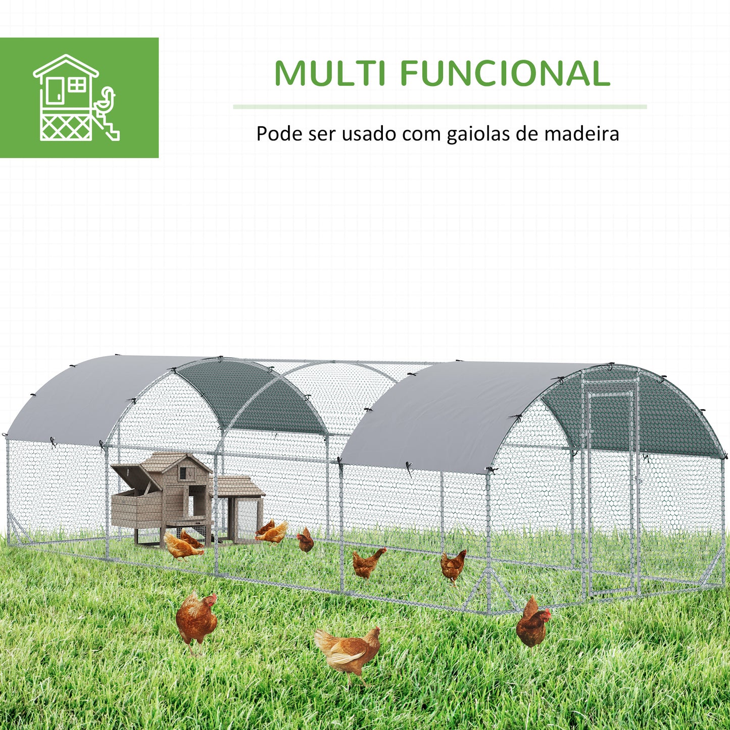 PawHut Galinheiro para Exterior Grande 2,8x7,60x1,97 m Galinheiro para 16-24 Galinhas de Aço Galvanizado com Teto de Tecido Oxford para Coelhos Aves Prata