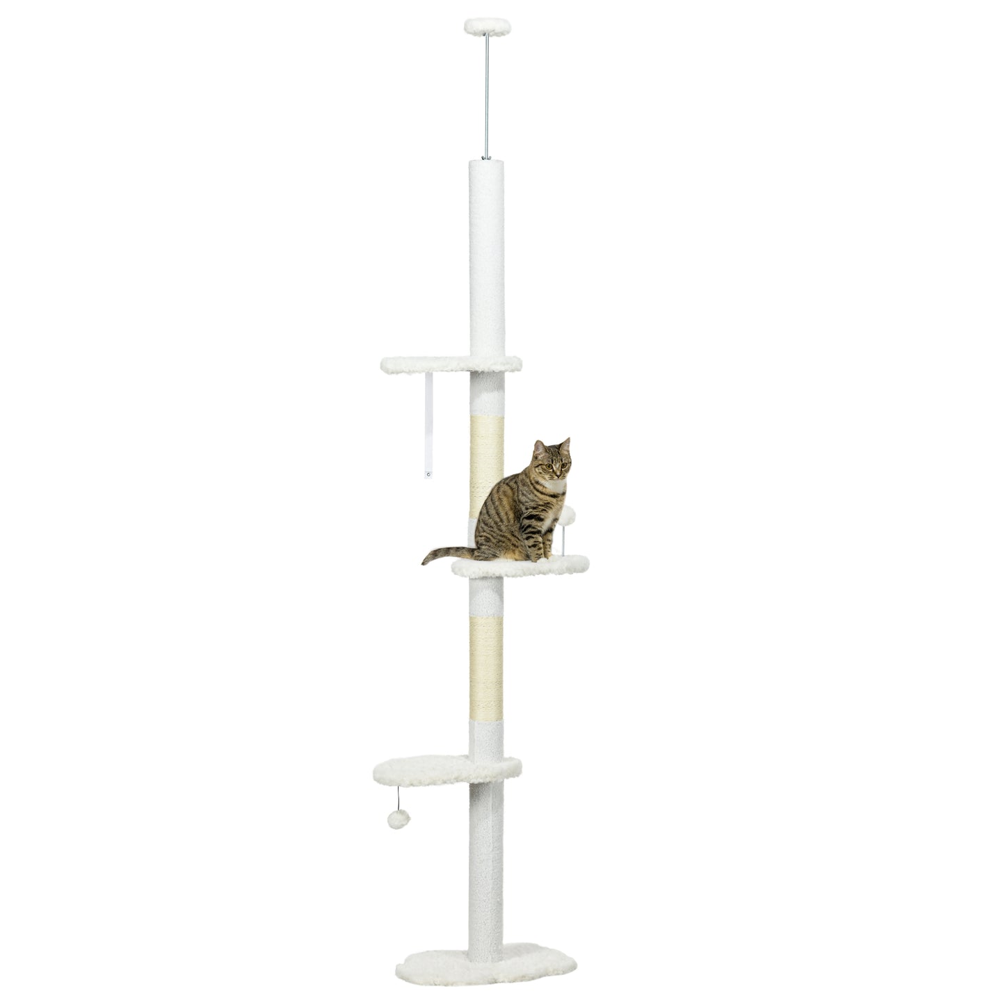 PawHut Arranhador para Gatos de 255 cm Torre para Gatos do Chão ao Teto com Altura Ajustável 3 Plataformas em Forma de Nuvem Poste de Arranhar e Bolas Suspensas 48x32x225-255 cm Branco