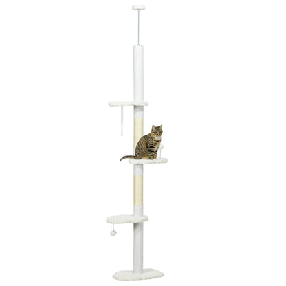 PawHut Arranhador para Gatos de 255 cm Torre para Gatos do Chão ao Teto com Altura Ajustável 3 Plataformas em Forma de Nuvem Poste de Arranhar e Bolas Suspensas 48x32x225-255 cm Branco