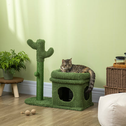 PawHut Árvore Arranhador para Gatos Desenho de Cacto Altura 83cm Torre para Gatos com Cama Casa de Pelúcia Poste de Sisal e Bola Suspensa 68x30x67cm Verde