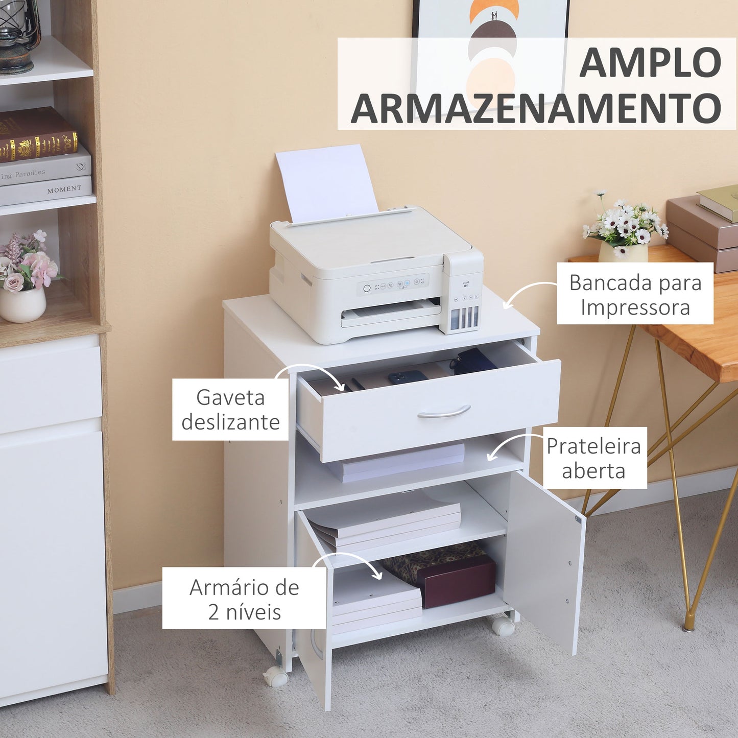 Vinsetto Armário para Impressora Móvel para Impressora com Rodas Gaveta 2 Portas e Compartimento Aberto para Sala de Estar Escritório Estúdio 60x39x80cm Branco