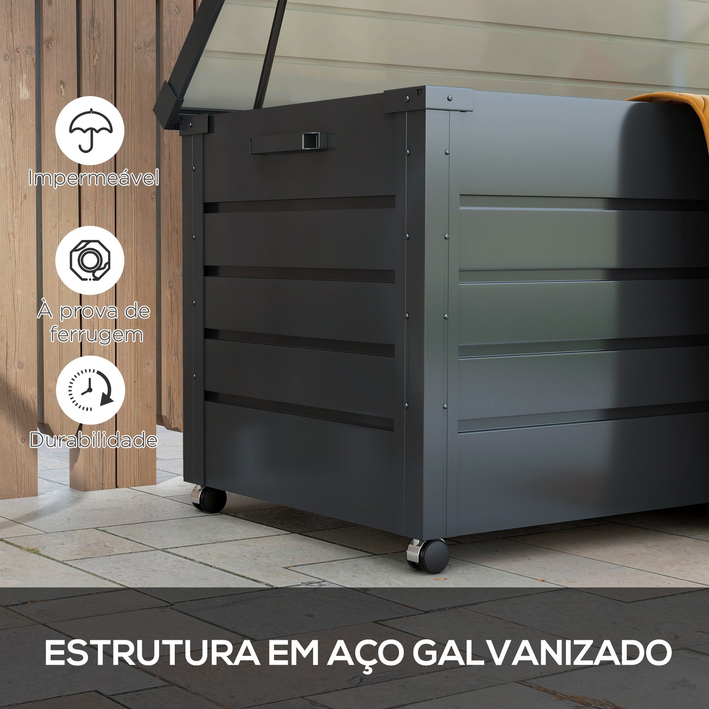 Outsunny Baú de Exterior 311 L Baú de Armazenamento de Aço Galvanizado com 4 Rodas 2 Pegas e 1 Fechadura com Chave para Jardim Pátio 120x62x66 cm Cinza Escuro