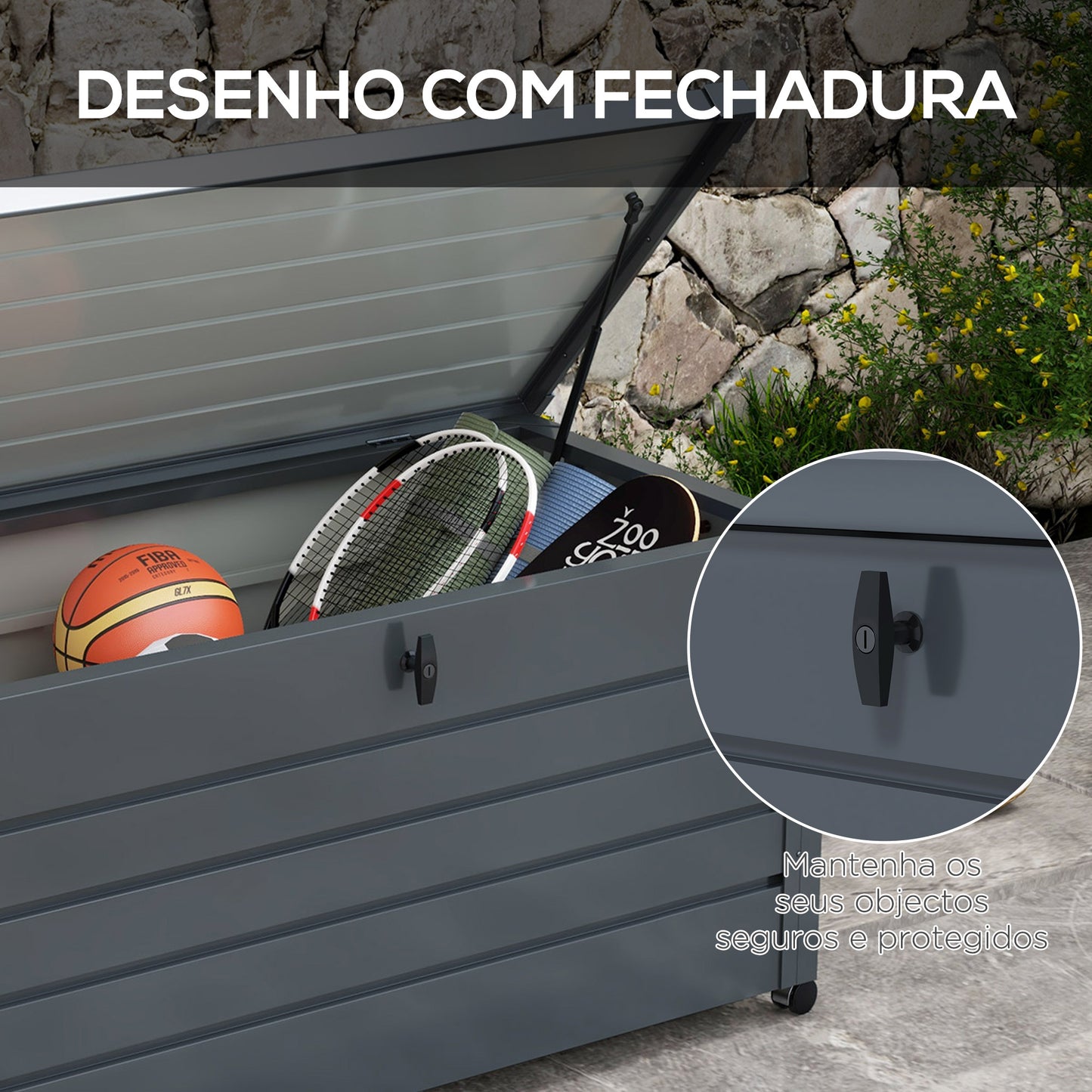 Outsunny Baú de Exterior 311 L Baú de Armazenamento de Aço Galvanizado com 4 Rodas 2 Pegas e 1 Fechadura com Chave para Jardim Pátio 120x62x66 cm Cinza Escuro