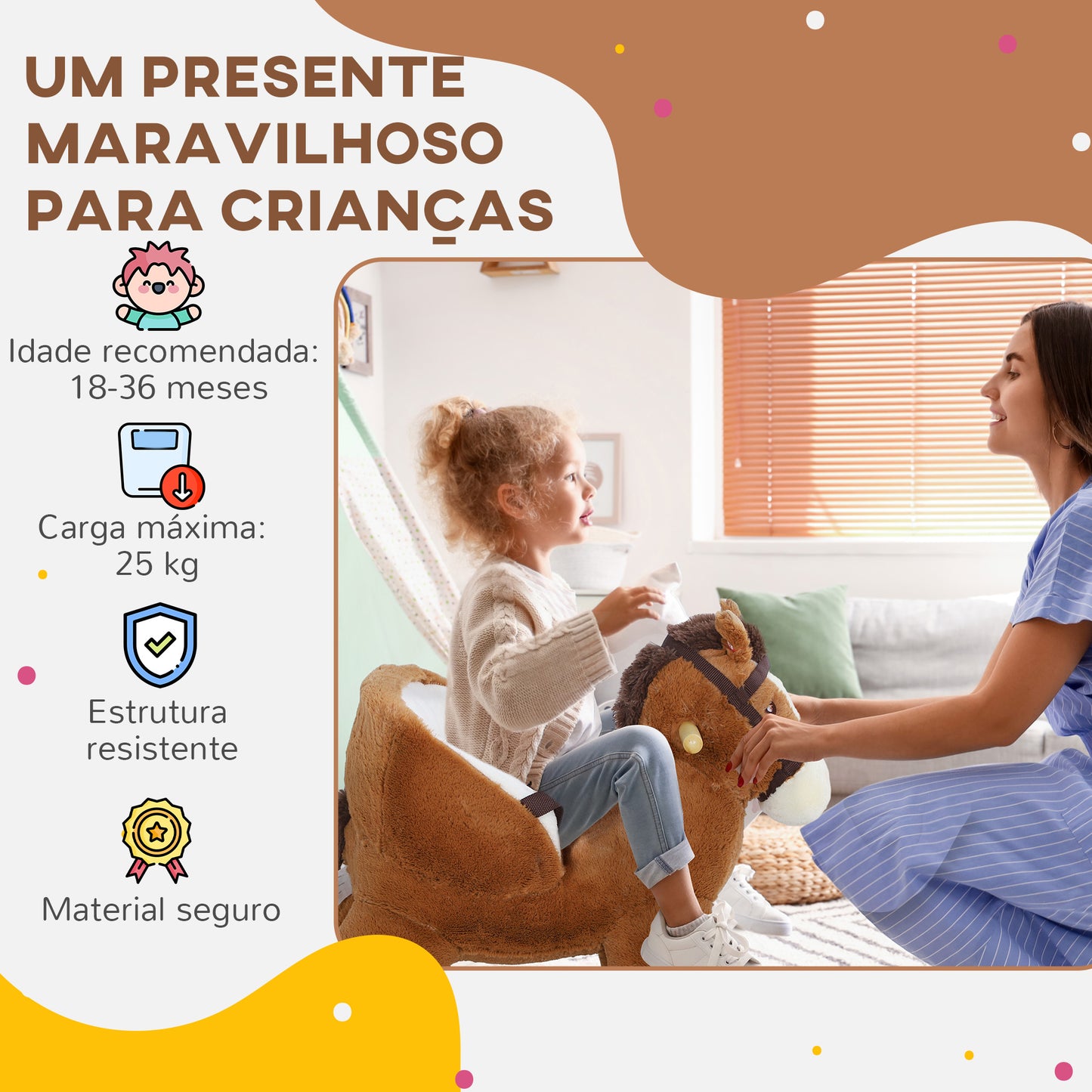 AIYAPLAY Cavalo Baloiço para Crianças de 18-36 Meses Cavalo Baloiço de Brincar com Sons Cinto de Segurança e Base de Madeira Carga 25 kg 68x33x45 cm Marrom