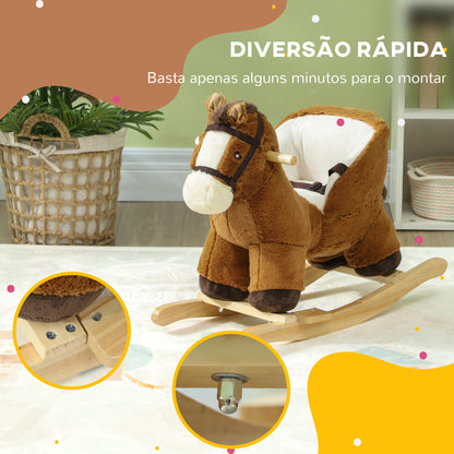 AIYAPLAY Cavalo Baloiço para Crianças de 18-36 Meses Cavalo Baloiço de Brincar com Sons Cinto de Segurança e Base de Madeira Carga 25 kg 68x33x45 cm Marrom