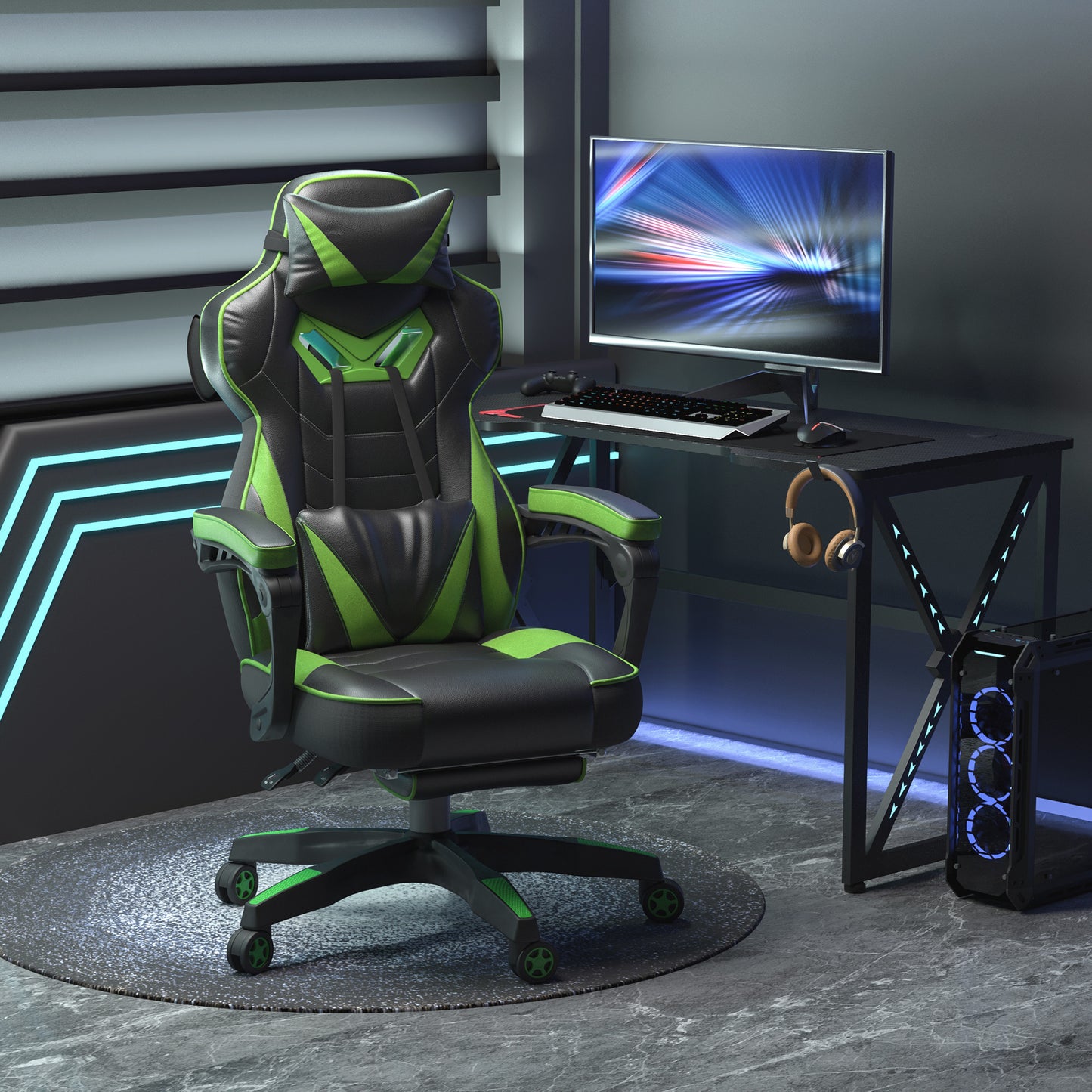 Vinsetto Cadeira de escritorio gaming ergonômica Altura ajustável Reclinável Encosto com apoio para pés Encosto de cabeça Almofada lombar Rodas 65x70x118,5-126,5 cm Verde e Preto