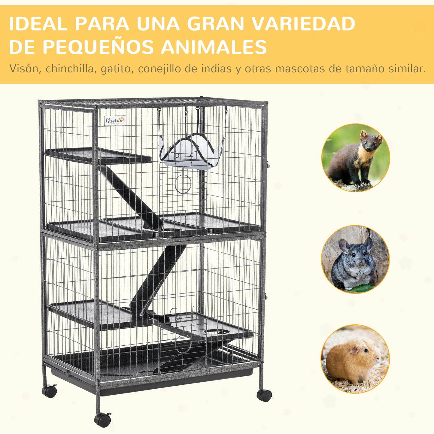 PawHut Grande Gaiola para Roedores 80x52x128 cm Casa de 4 Alturas com Rampas Suspensa Rede Bandeja Removível Rodas Portas Cinza Prateado