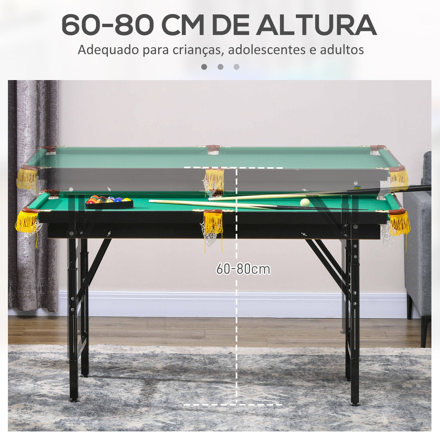 SPORTNOW 2 em 1 Mesa Multijogos para Crianças de 6+ Anos Mesa de Bilhar e Ping Pong Dobrável com Altura Ajustável e Acessórios 140x63x60-80 cm Multicolor