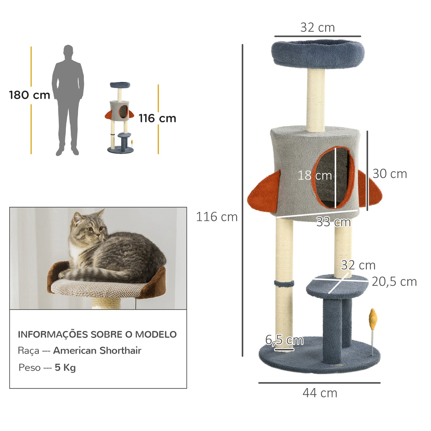 PawHut Arranhador para Gatos de 116 cm Tipo Foguete Torre para Gatos com Postes para Arranhar Cama Caverna e Brinquedo de Estrela Ø44x116 cm Azul