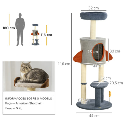 PawHut Arranhador para Gatos de 116 cm Tipo Foguete Torre para Gatos com Postes para Arranhar Cama Caverna e Brinquedo de Estrela Ø44x116 cm Azul