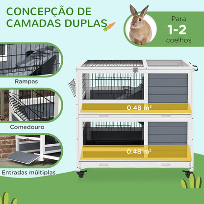 PawHut coelheira de Madeira com Rodas 90x53x97 cm Gaiola para Coelhos de 2 Níveis com Tejadilho Rebatível Tabuleiro Amovível Comedouro e Rampa cinzenta e branca