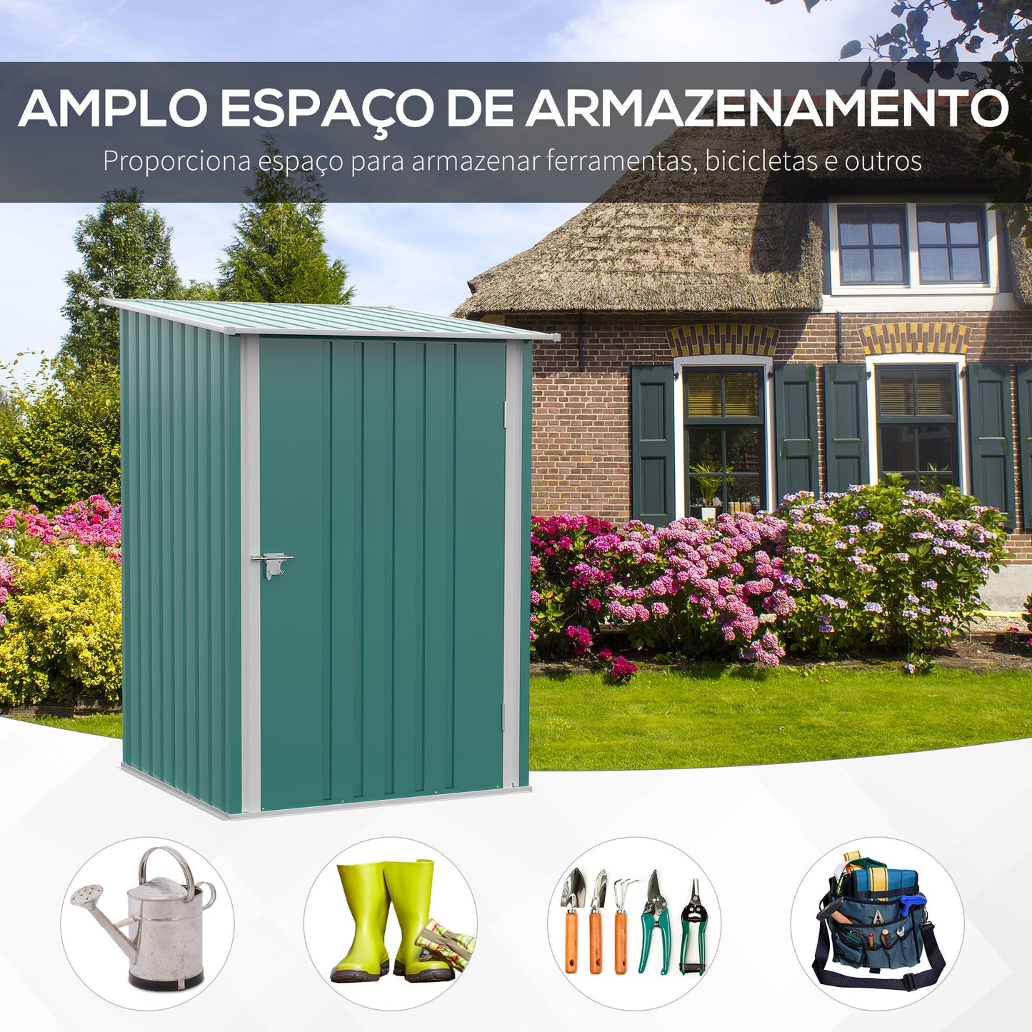 Outsunny Abrigo de Jardim 0,92 m² 100x103x160cm Abrigo Exterior de Aço Galvanizado com Porta Fechadura e Teto Inclinado para Armazenamento de Ferramentas Verde