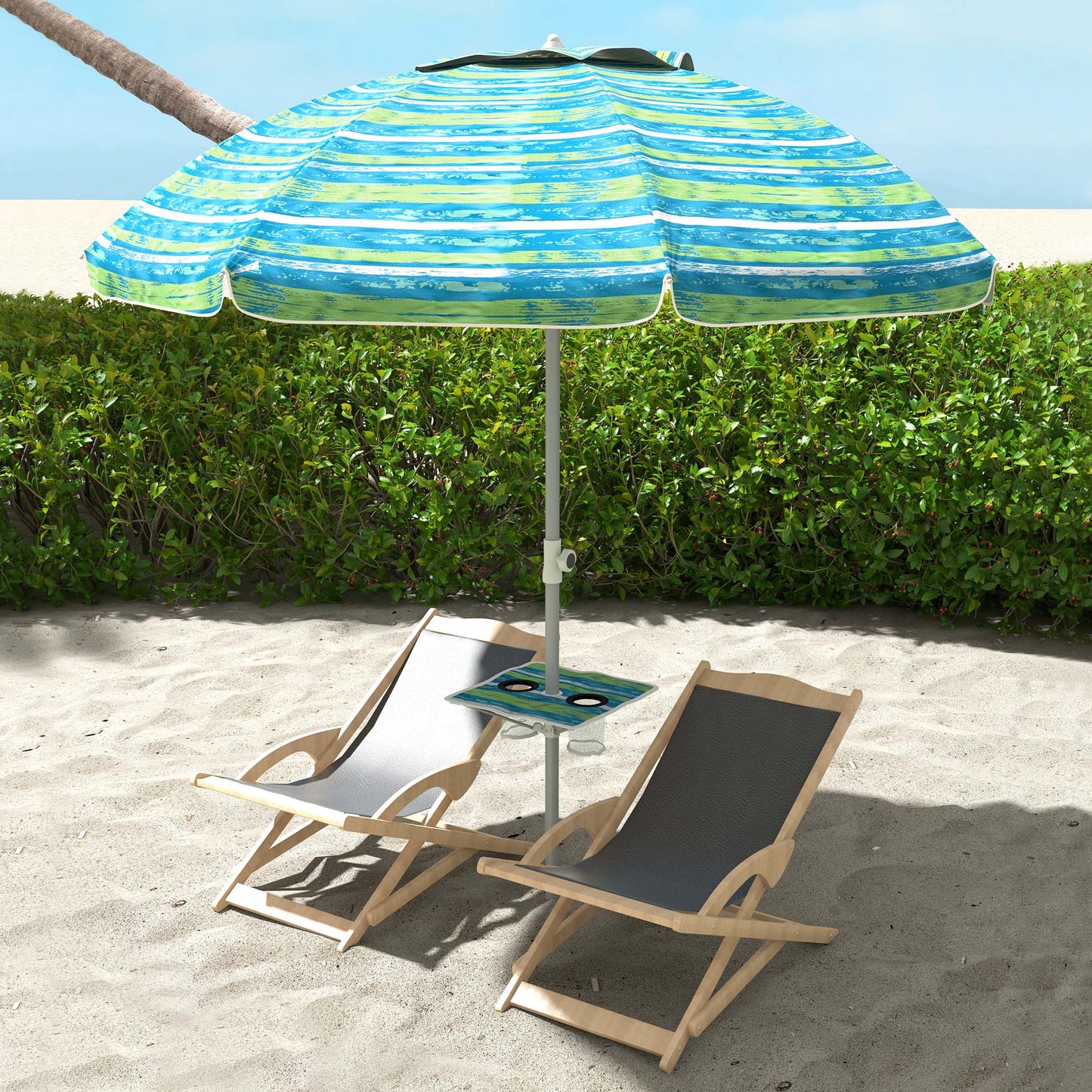 Outsunny Chapéu de Sol de Praia Ø190x215 cm Chapéu de Sol para Terraço com Inclinação de 45° e Altura Ajustável Mesa com Porta-Copos Anti-UV Impermeável e Bolsa de Transporte para Jardim Multicolor