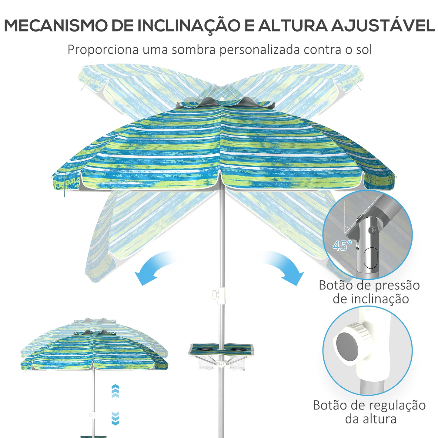 Outsunny Chapéu de Sol de Praia Ø190x215 cm Chapéu de Sol para Terraço com Inclinação de 45° e Altura Ajustável Mesa com Porta-Copos Anti-UV Impermeável e Bolsa de Transporte para Jardim Multicolor