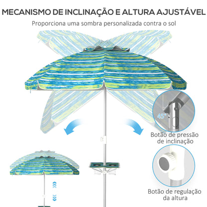 Outsunny Chapéu de Sol de Praia Ø190x215 cm Chapéu de Sol para Terraço com Inclinação de 45° e Altura Ajustável Mesa com Porta-Copos Anti-UV Impermeável e Bolsa de Transporte para Jardim Multicolor