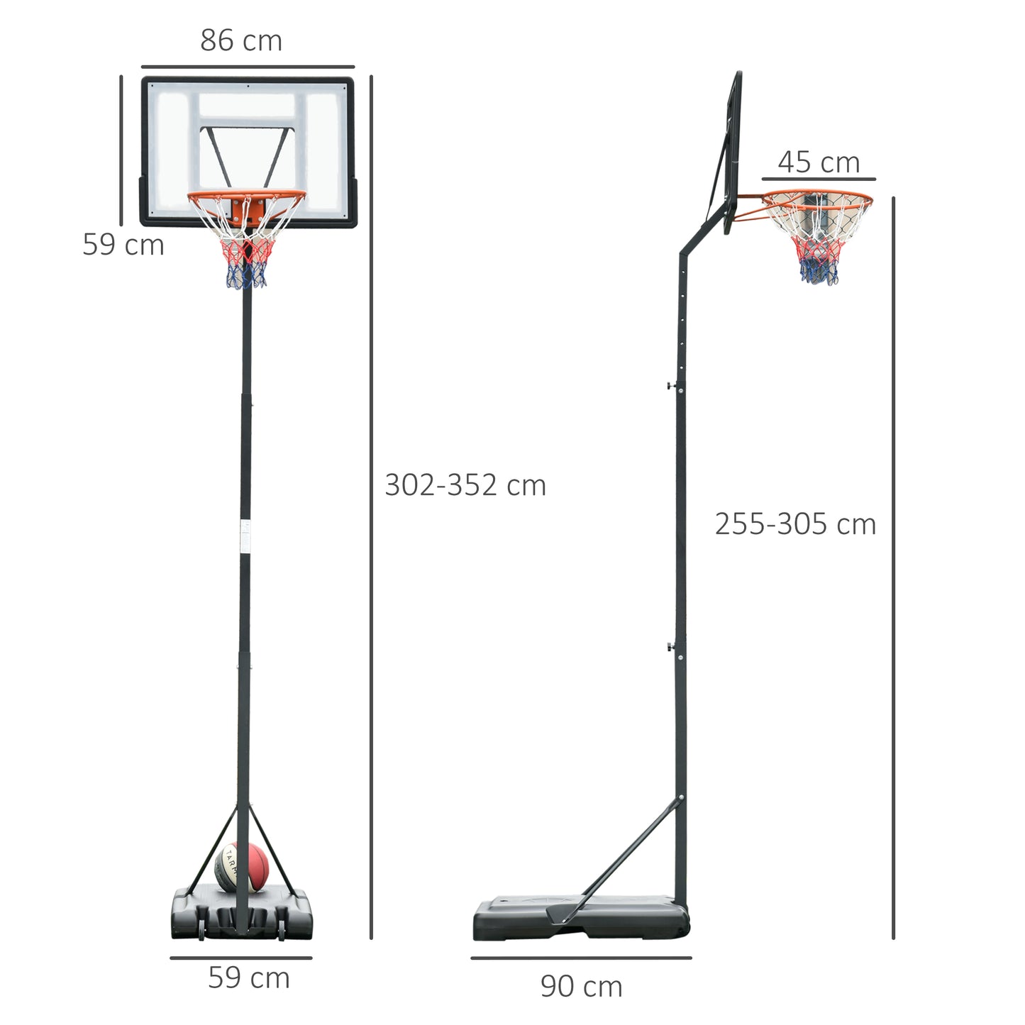 HOMCOM Tabela de Basquetebol com Suporte Portátil Aro de Ajustável em Altura com Base Recarregável para Crianças e Adultos 86x165x302-352cm Preto