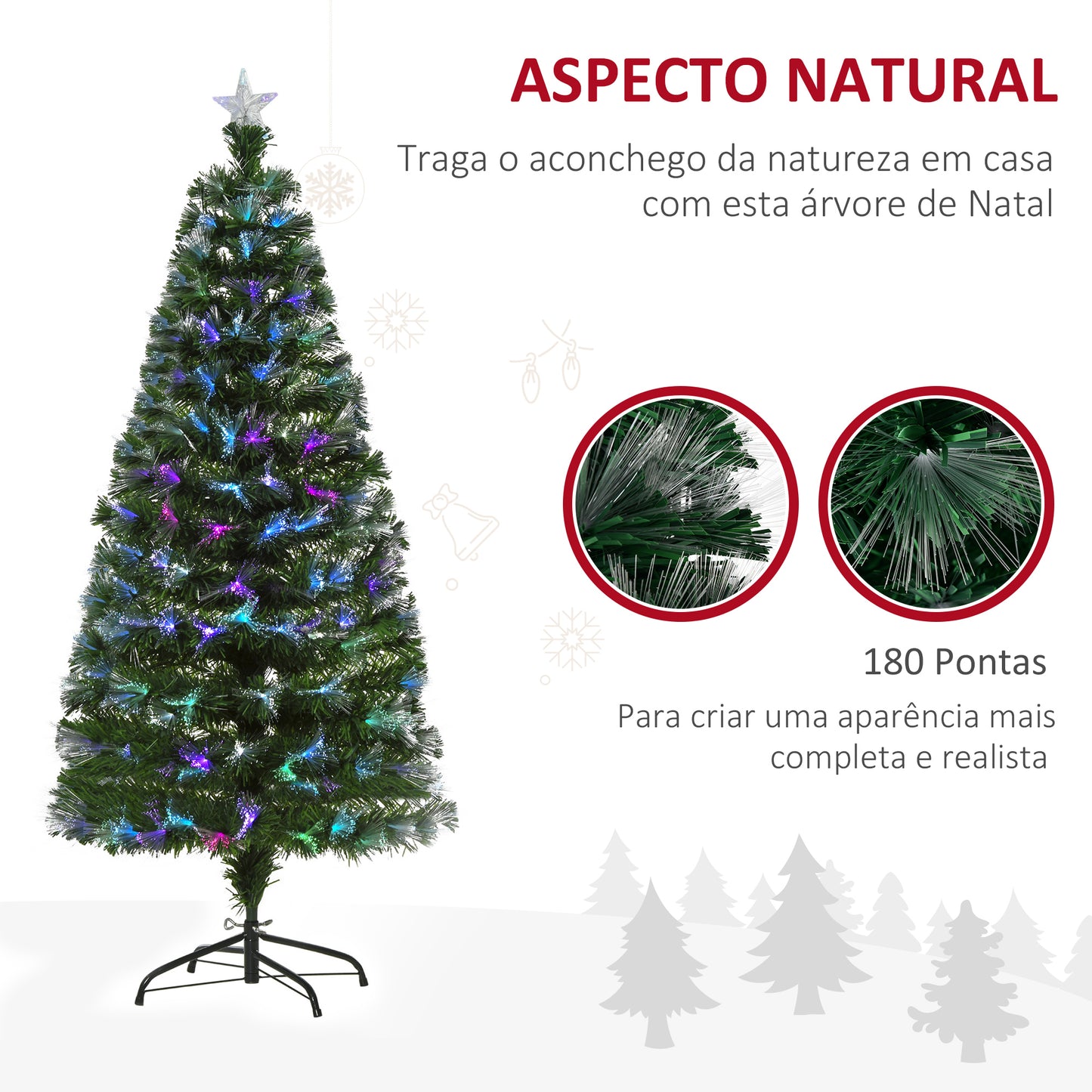 HOMCOM Árvore de Natal Artificial 150cm com 180 Ramos Luzes LED de Múltiplas Cores e Estrela Decorativa Ø74x150 cm Verde