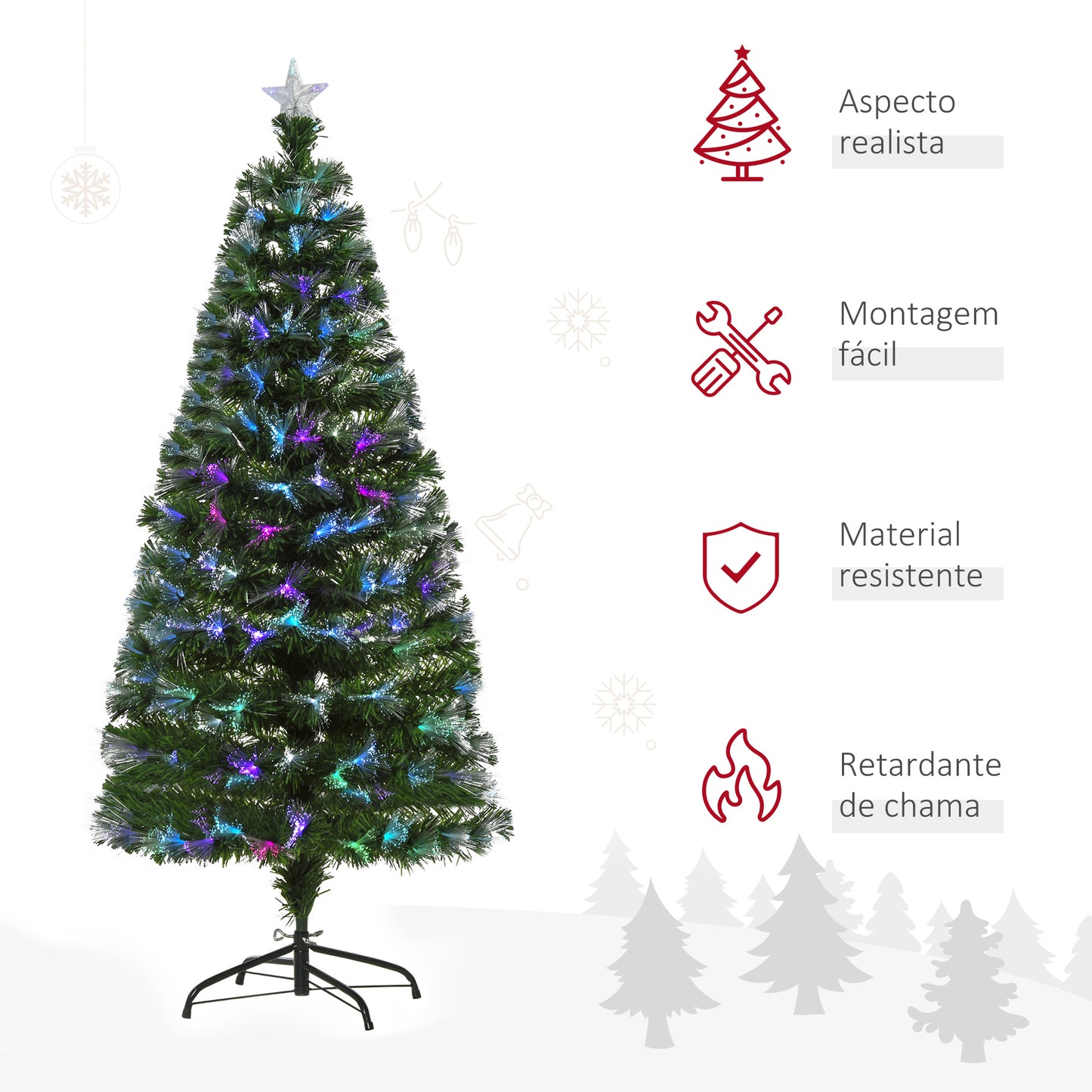 HOMCOM Árvore de Natal Artificial 150cm com 180 Ramos Luzes LED de Múltiplas Cores e Estrela Decorativa Ø74x150 cm Verde